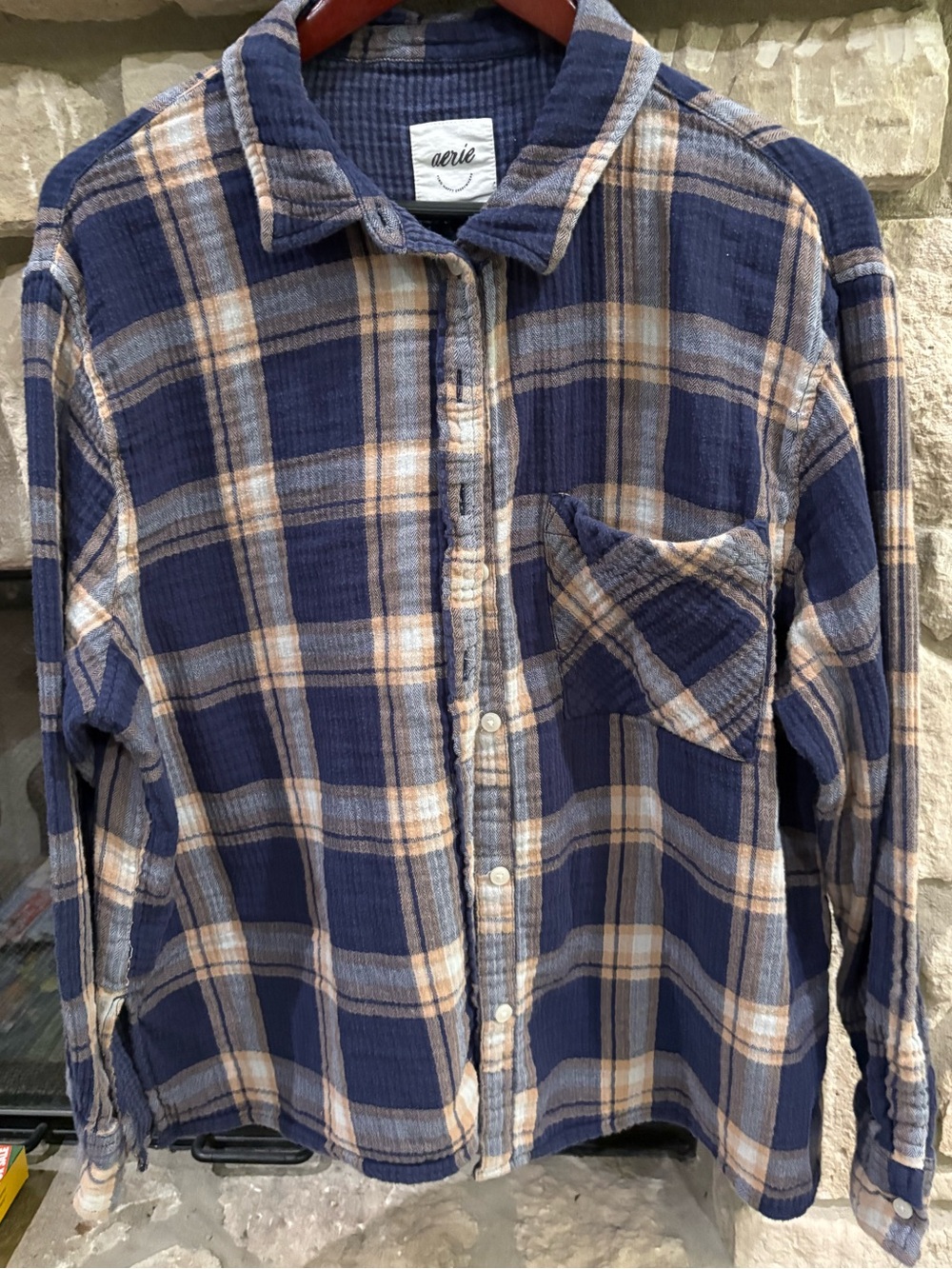 aerie Navy and Tan Plaid Button-Down Shirt